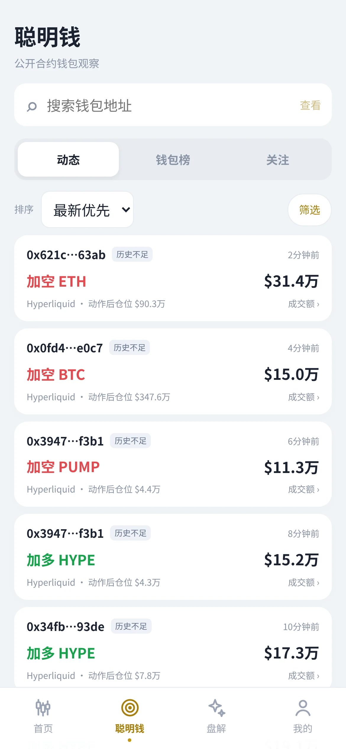 聪明钱最新优先排序与钱包动作