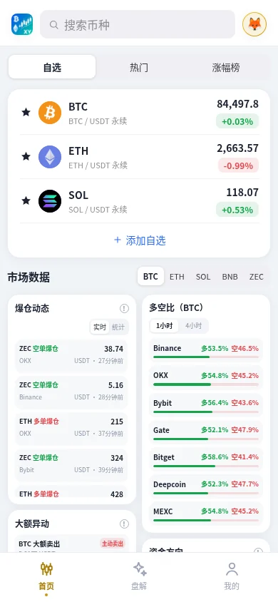 首页自选币种和交易所市场数据界面